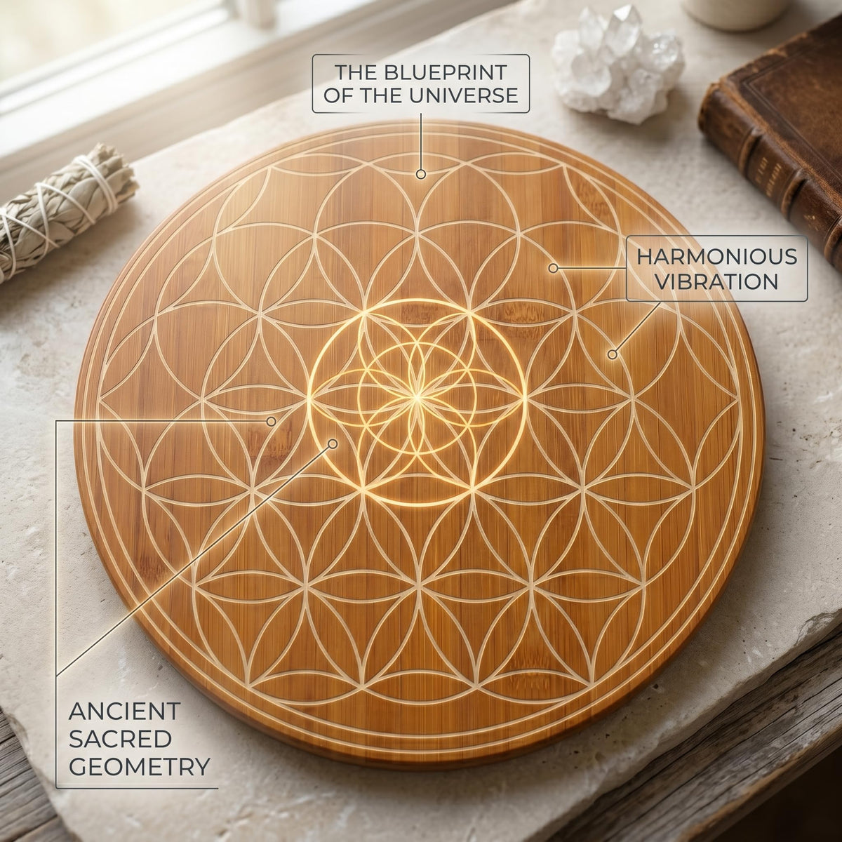 Crystal Grid Board 10" Flower of Life Bamboo Energy Charging Plate (Flower of Life)