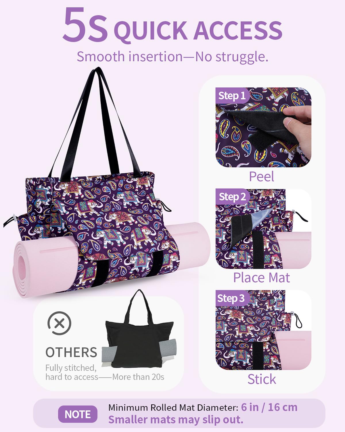 Yoga Mat Bag Waterproof Tote Gym Bag Mat Carrier W (Deep Purple Lucky Elephant)