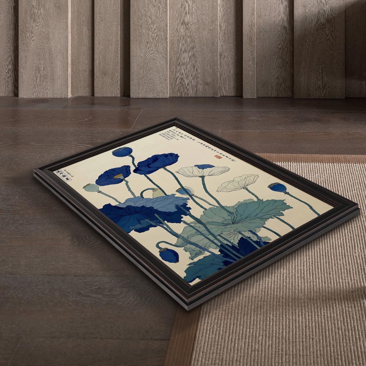 Japanese Indigo Blue Poppy Canvas Wall Art Vintag Ukiyo (Black 07 / 12"L x 16"W)