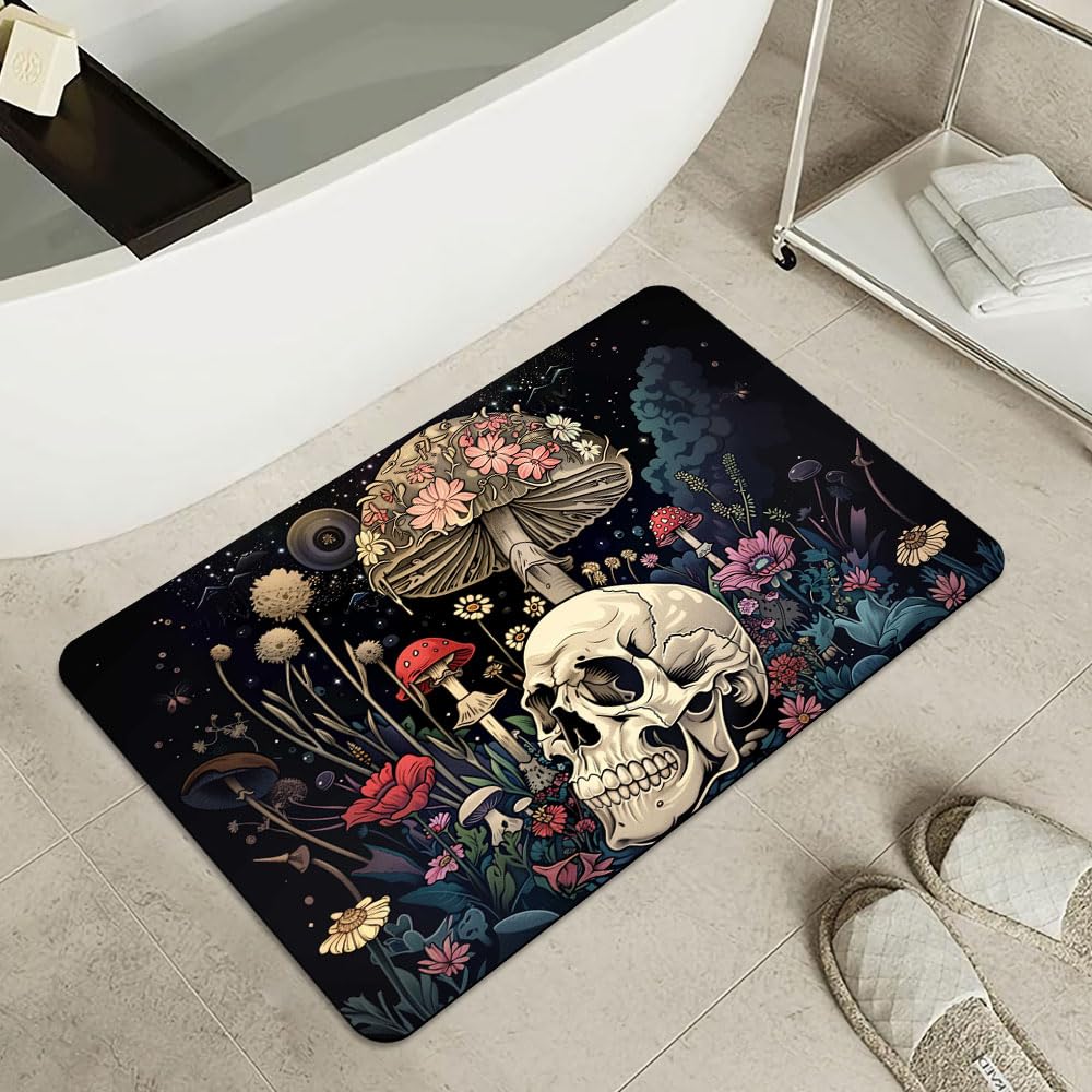 Bath Mat Bathroom Rug (A Skull and Mushroom- / 17 x 27.5 inches)