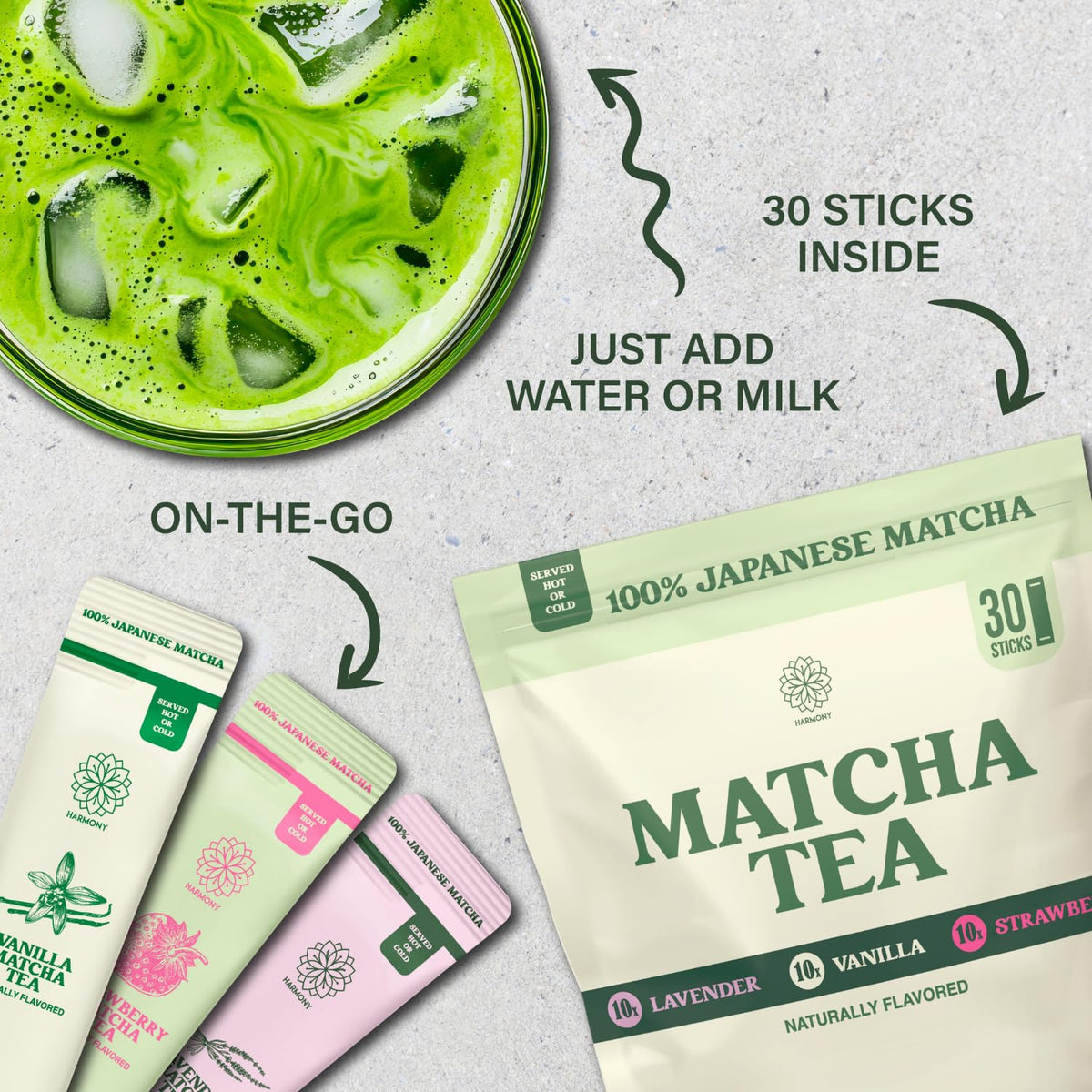 Harmony Matcha Tea Variety Pack 30 Sticks Bulk Bag (30 Servings)