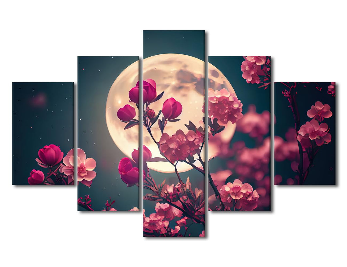 Canvas Wall Art Premium Fairy Tale Enchanted Woods With Giant Moon Night Sky Printed Artwork Contemporary Housewarming Gift For Home Office Decor Ready To Hang 60"Wx40"H‌ (60''Wx40''H / Artwork-01)