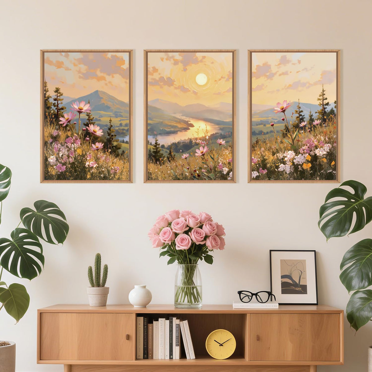 Large Boho Sunset Wildflower Framed Canvas Wall Art (Boho Sunset Wildflower Wall Art / 24"L x 16"W)