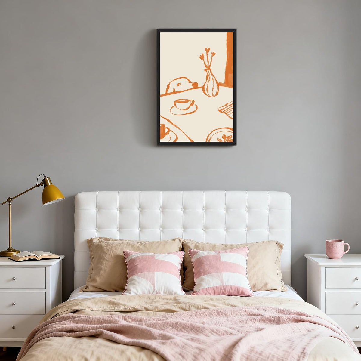 Black Framed Sneaky Dog Breakfast Wall Art Abstract Funny Scandi Diner Canvas Posters Minimalist Orange Painting Prints Animal Sketch Pictures Artwork for Kitchen Nursery Coffee Bar Decor 16x24inch (16"L x 24"W / Dog - Black Frame)