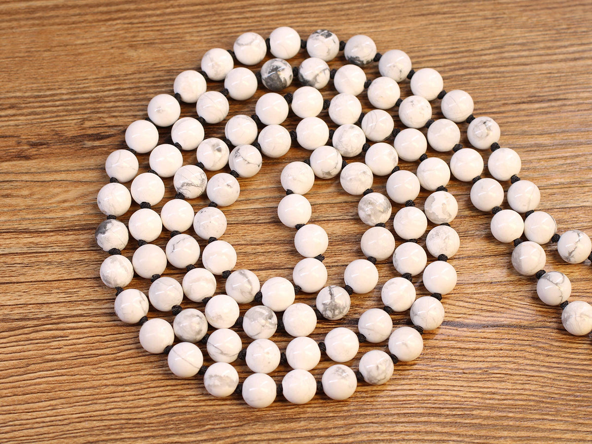 OM Charm Hand Knotted Tassel 108 Mala Beads Howlite Stone Beaded Necklace 8mm (8mm / Howlite)