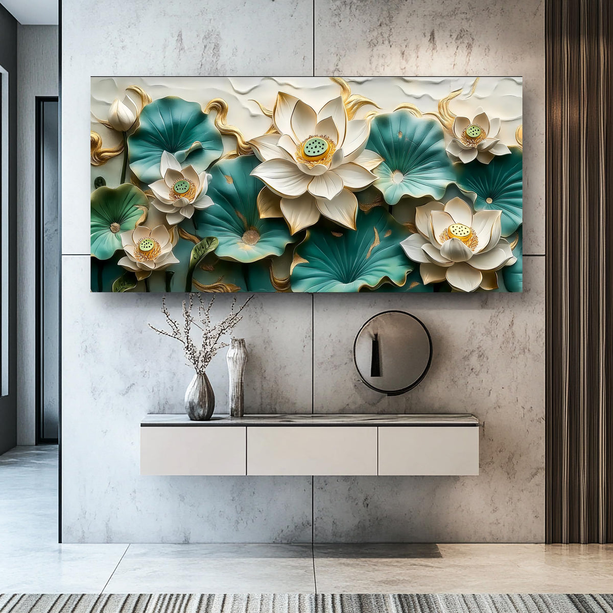 Flower Landscape Pictures Canvas Wall Art for Living Room Bedroom Wall Decor Green and White Modern Painting Nature Themed Home Decor Artwork Wooden Inner Frame 20x40 Inches (40"L x 20"W / Green and white lotus flower)