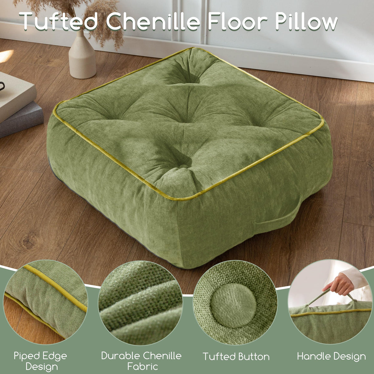 8" Extra Thick Floor Pillow Cushion for Adults (8" Thick(Pack of 1) / Square Green)