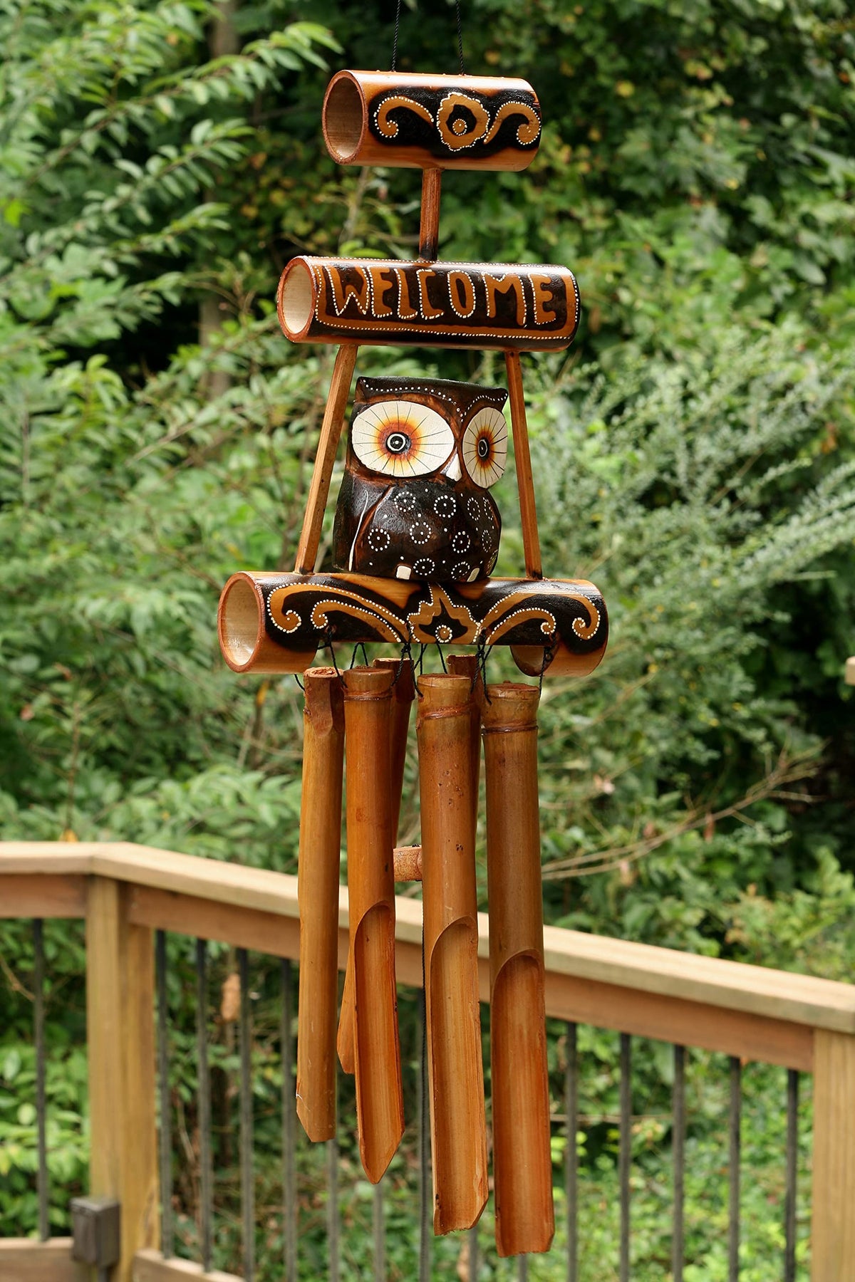 Handmade Wooden Owl Bamboo Wind Chime Wood Statue Figurine Hoot Sculpture Art Decorative Rustic Patio Garden Outdoor Decor Handcrafted Decoration (Owl Welcome Sign Chime)