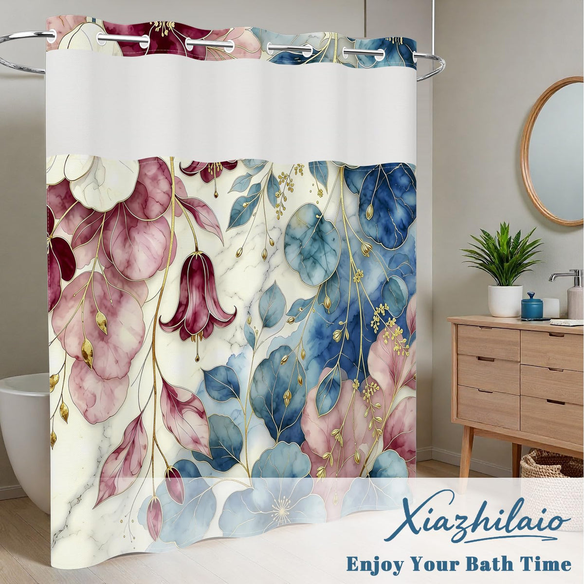 Luxury Art Floral Shower Curtain with Snap in Removable Liner (Abstract Floral)