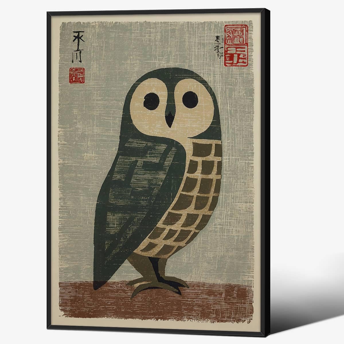 Black Framed Vintage Japanese Wall Art 20x30in Owl Poster Mid Century Animal Print Minimalist Bird Painting Nature Rustic Artwork for Lndie Room Bedroom Living Room Gallery Decor Ready to hang (Black Framed / Japanese Poster / 30"L x 20"W)