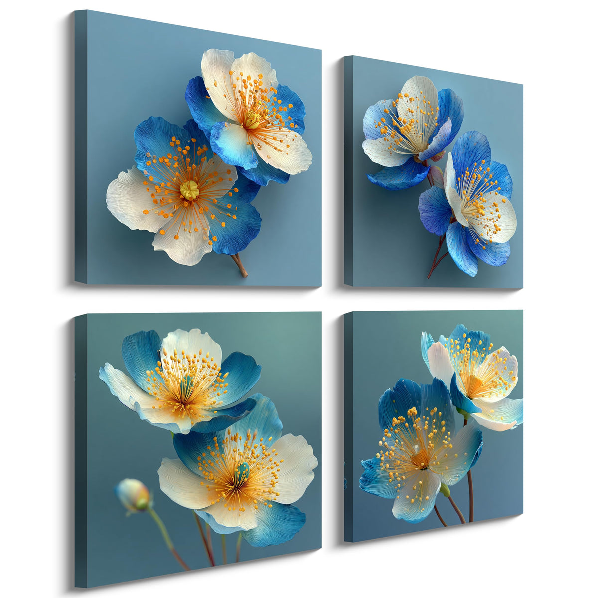 4PCS Blue White Flower Wall Art Canvas Print Yellow Stamens Modern Botanical Prints Elegant Watercolor Floral Artwork Minimalist Nature Illustration for Living Room Bedroom Office Home Decor (12X12inchX4 / Blue White Flower)