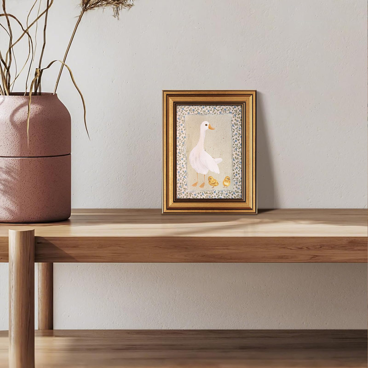 Vintage Gold Frame Canvas Animal Floral Pattern Painting Print 12x16 Inch (Mother Duck / 12"L x 16"W)