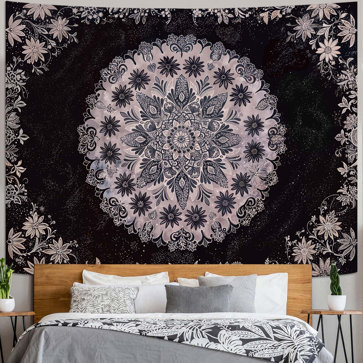 Boho Floral Mandala Tapestry Wall Hanging Grey Bohemian Flower Medallion Tapestry Aesthetic Gray Black Hippie Indian Small Tapestries for Bedroom Living Room Dorm Decor 60 x 44 Inch (Black Gray / 60"L x 44"W)