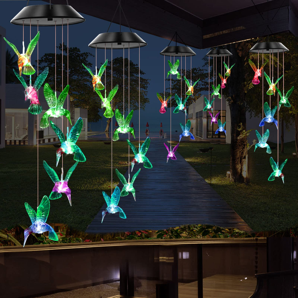 Green Hummingbird Solar Wind Chimes Color Changing Lights Outdoor