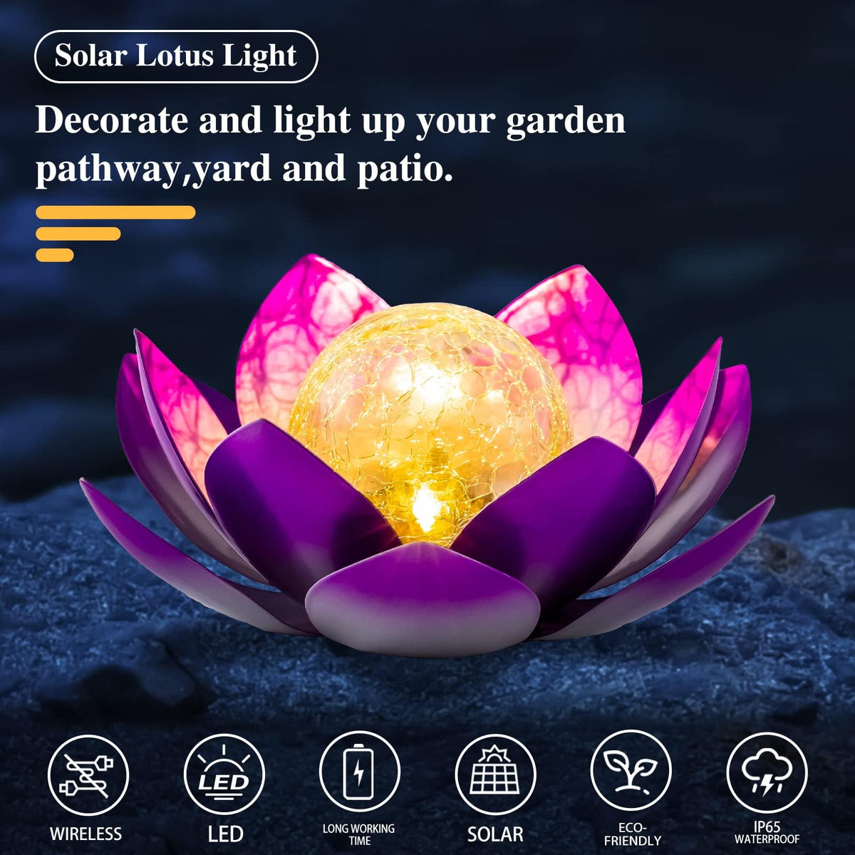 Solar Light Outdoor Decor Art Crackle Globe Glass Lotus Decoration (Purple)
