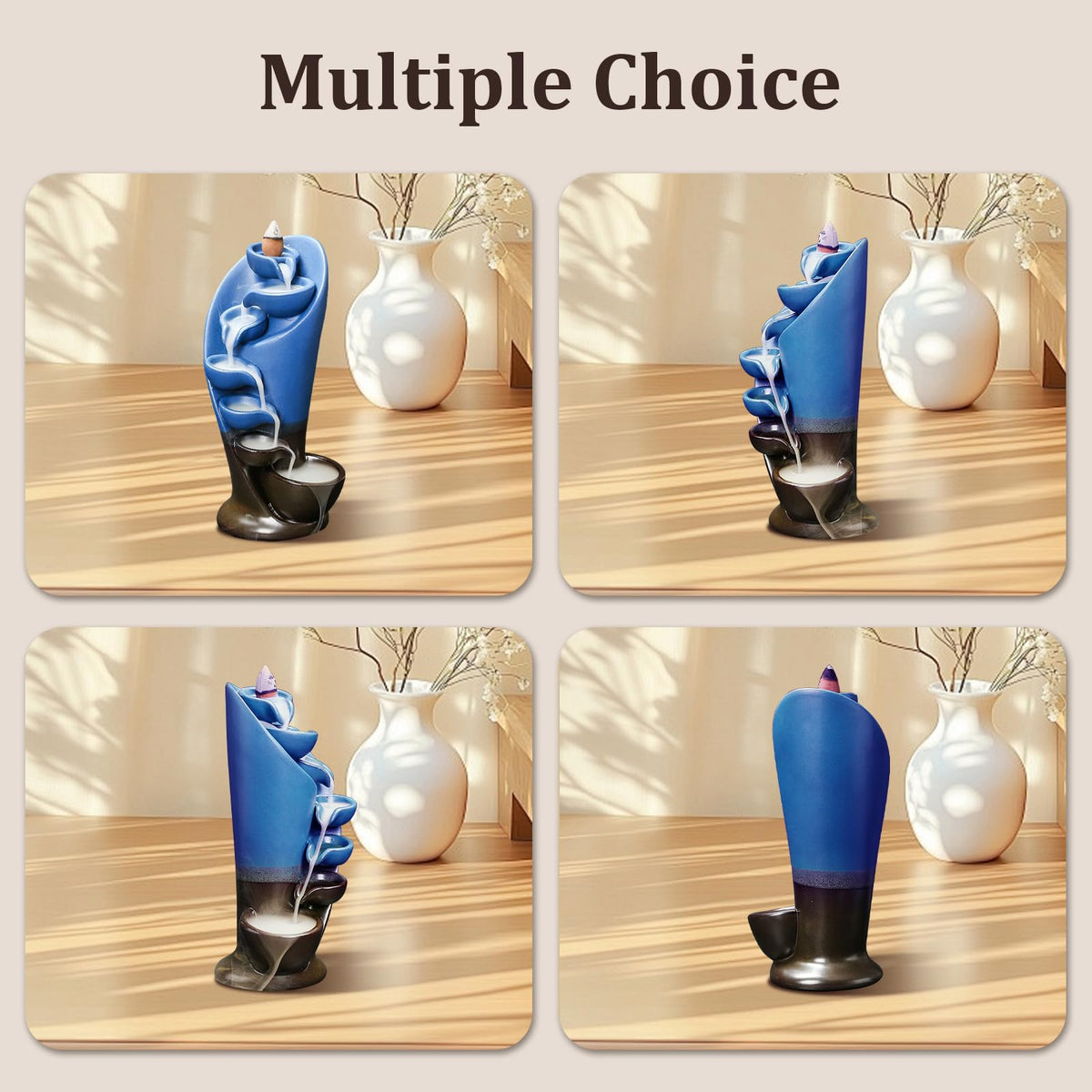 Backflow Incense Burner Holder Handmade Statue Decor Fountain Waterfall Incense Holder with 20 Backflow Incense Cones 30 Incense Sticks 1 Tweezer 1 Mat for Indoor Meditation Yoga (Navy Blue)