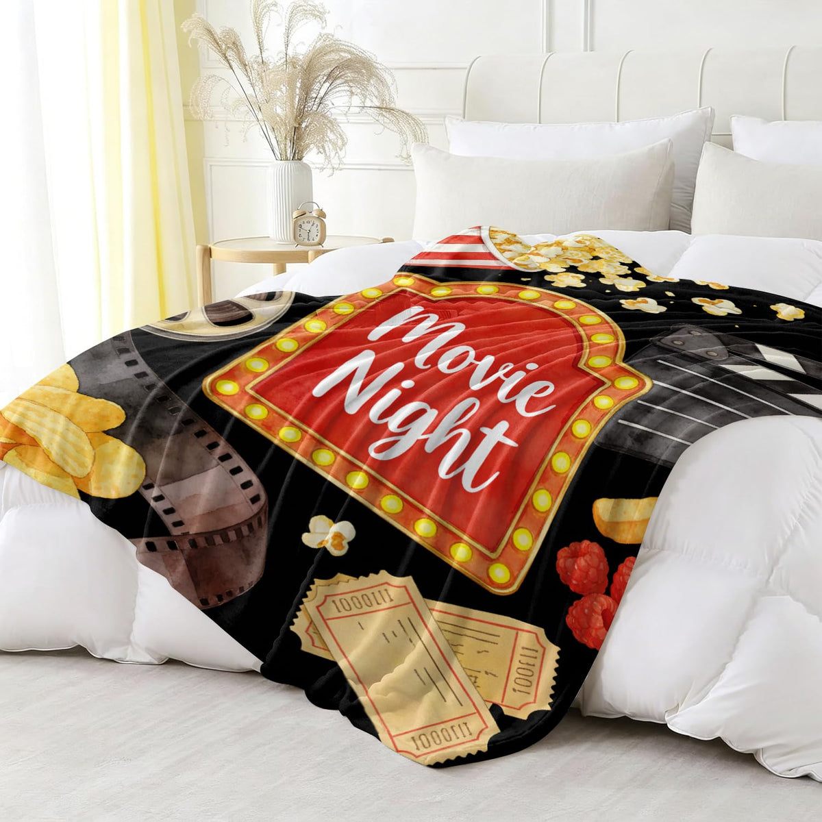Movie Night Fleece Blanket Popcorn Cinema Blanket Gifts Room Decor 50"x60" (Movie Night / 50"X60")