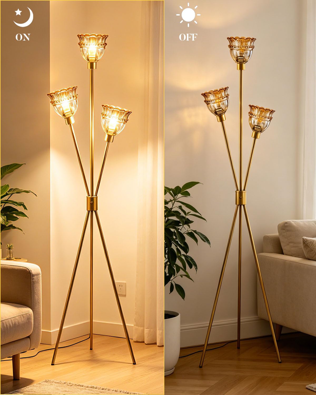 Amber Glass Tripod Floor Lamp Dimmable Gold Floor Flower Lamps