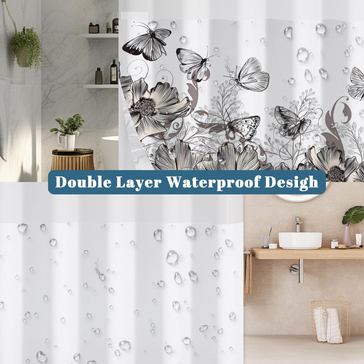 Butterfly Floral Shower Curtain with Snap in Liner (Floral-8)