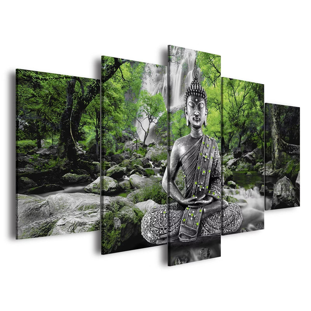 Buddha Wall Art Canvas Painting Framed 5 Panels for Living Room Decoration Modern Landscape Buddha Waterfall Trees Zen Stretched Artwork Giclee (Green / 60"x30")