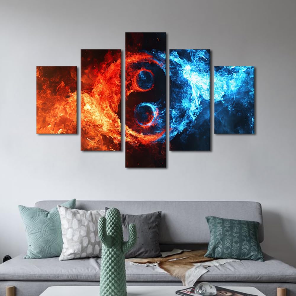 Canvas Wall Art Oversized Fire And Ice Yin Yang Design Stretched Framed Painting Five Piece Set Meditation Space Decor Modern Studio Art Ready to Hang 60" Wx40 H (60''Wx40''H / Artwork-09)