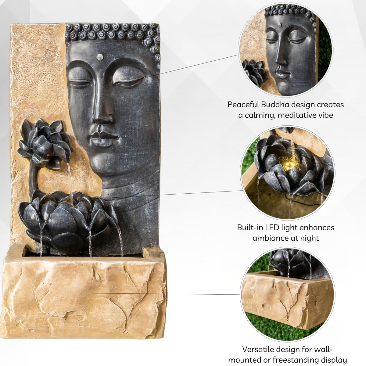 30" H Zen Buddha Face Water Fountain w (Gray and Brown)
