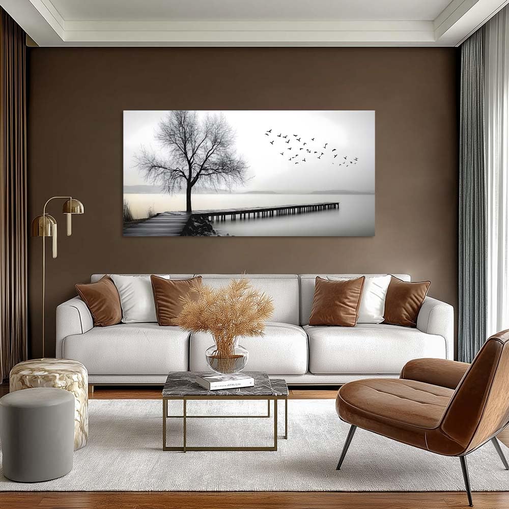 Black and White Lake Pier Canvas Wall Art Bare Tree Flying Birds Minimalist Landscape Painting Flat Print Gallery Wrapped Artwork for Living Room Bedroom Bathroom Decor (Mysterious / Black Lake Pier 6 / 40"L x 20"W)