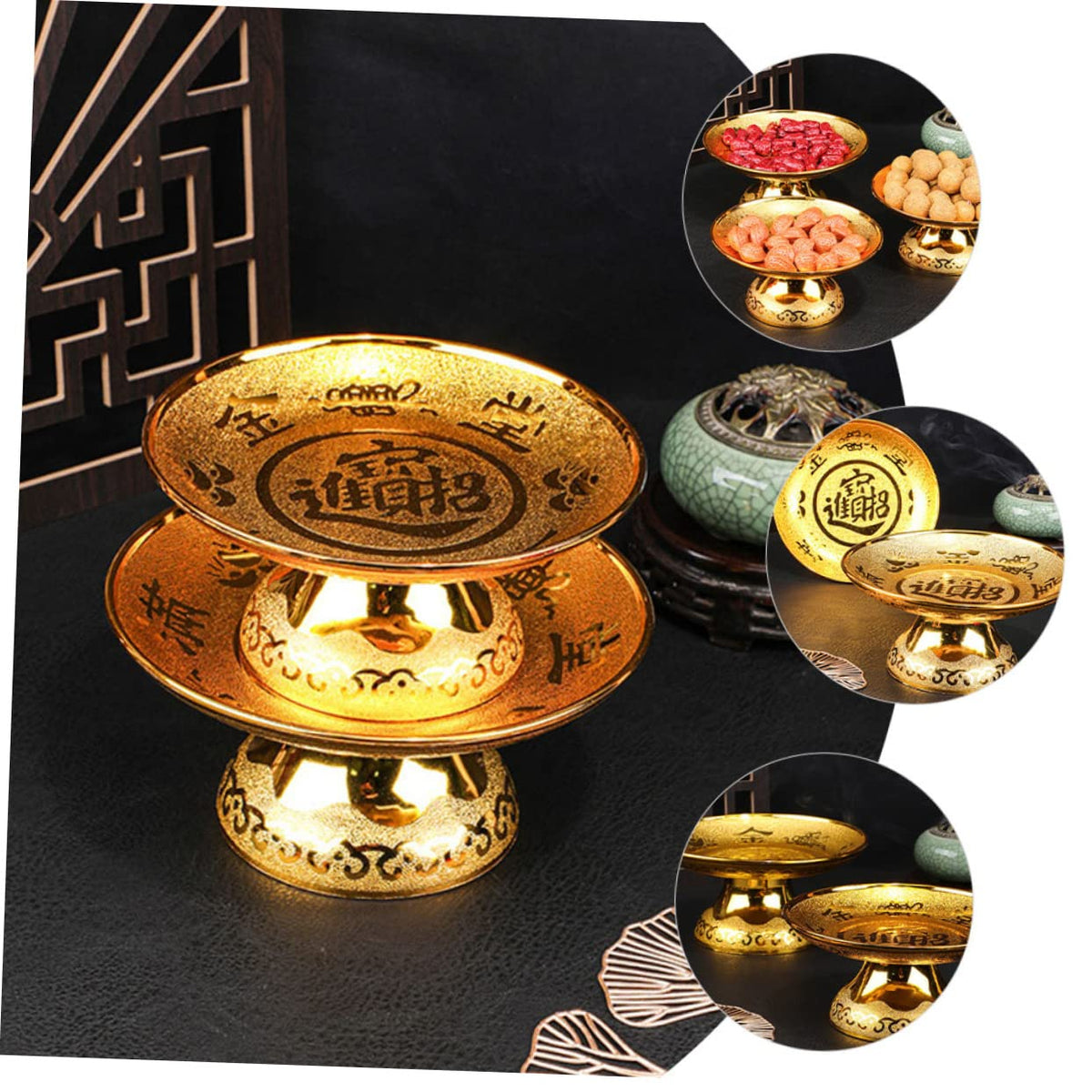 Utensil Tray 2pcs Buddhist Plate Offering Bowls Footed Fruit Tray Dessert Snack Container Tinplate Bowl Blessing Bowl for Rituals Incense Smudging Decoration Golden 7inch Cutlery (17.5x17.5CM)
