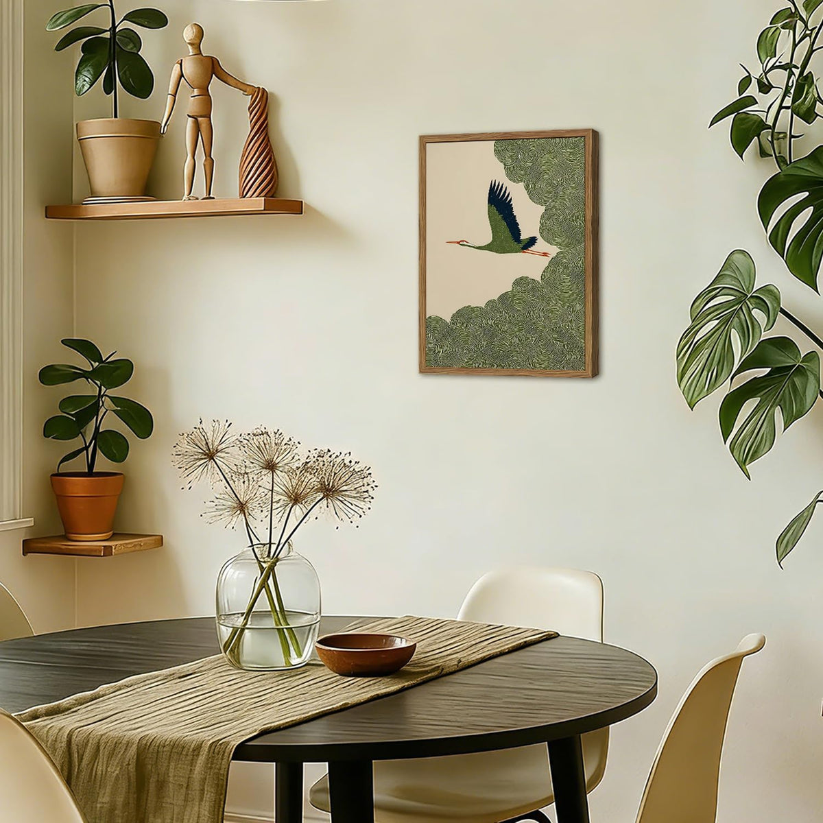Framed Japanese Flying Crane Wall Art (Green Bird / 16"L x 12"W)