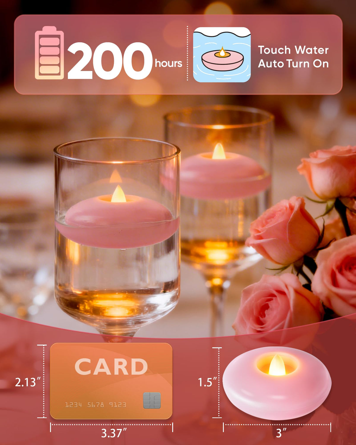 12Pack 3" Pink Flameless Floating LED Candle (Pink Base / 12 Pack)