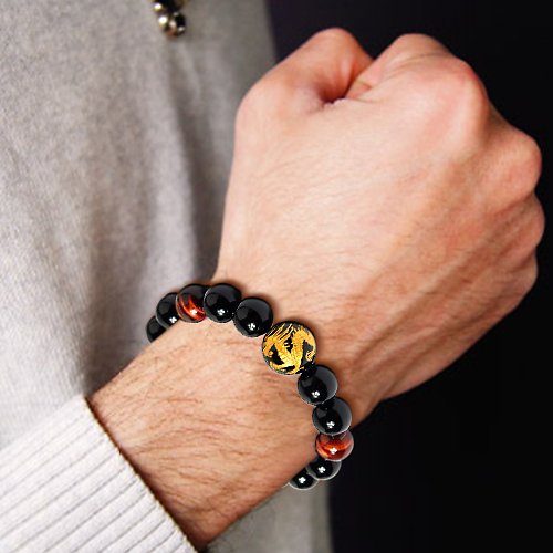 12mm Tiger Eye Stone Yellow Dragon Pattern Bold Wrist Bracelets (12mm Yellow)