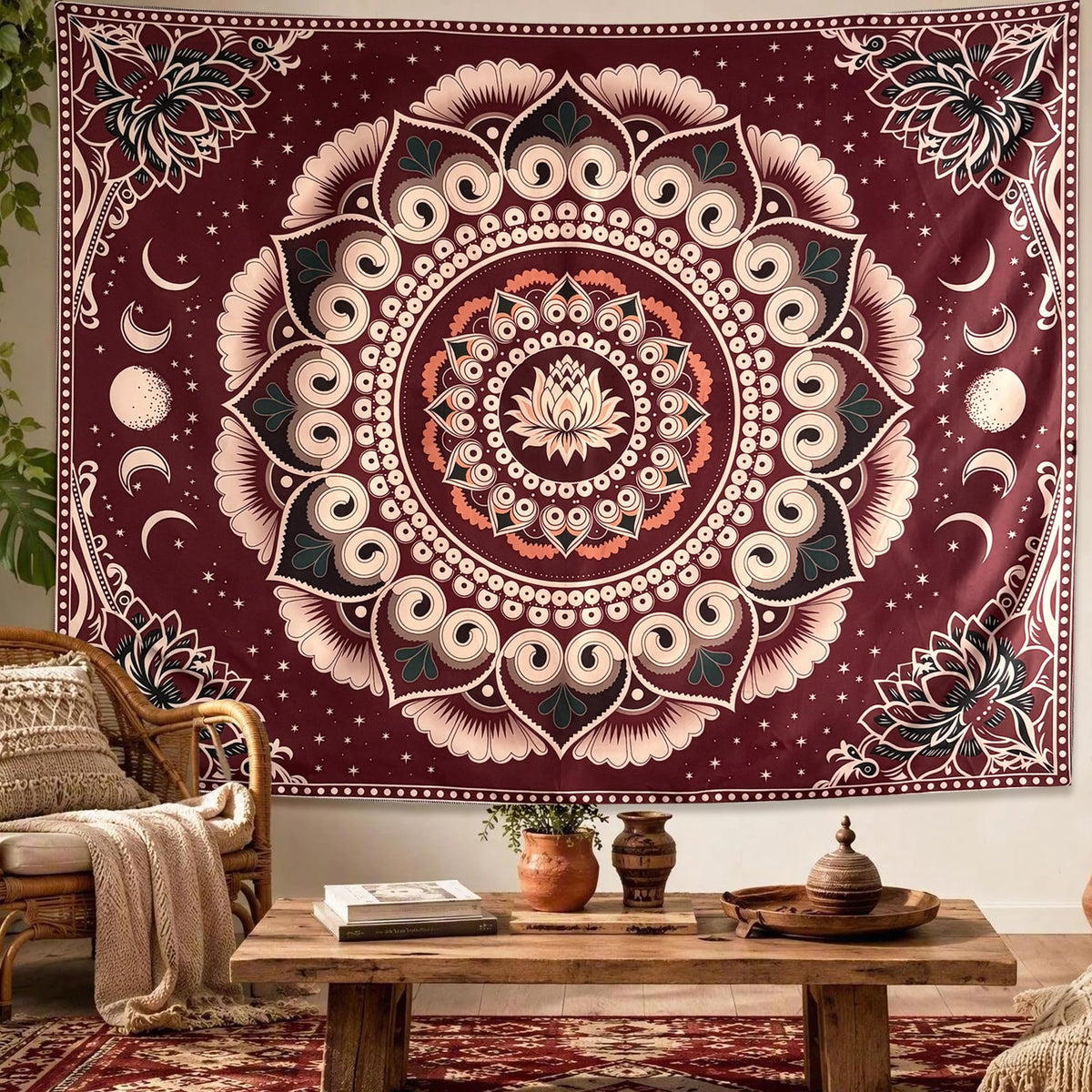 Red Boho Lotus Mandala Tapestry Wall Hanging for Bedroom 60 x 44 Inch (Red / 60"L x 44"W)