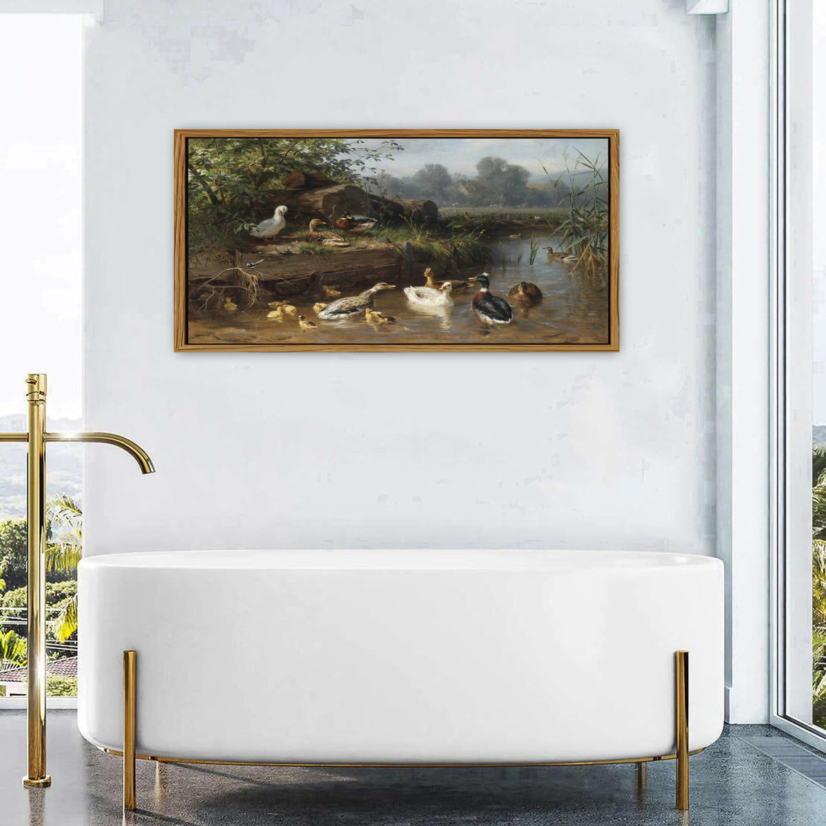 Countryside Landscape Wall Art Framed Duck Wall Decor Vintage Picture Classical Country Field Canvas Painting Prints Poster Farmhouse Animals Scenic Artwork for Living Room Home Decorations 24x48 (24"L x 48"W / Duck)