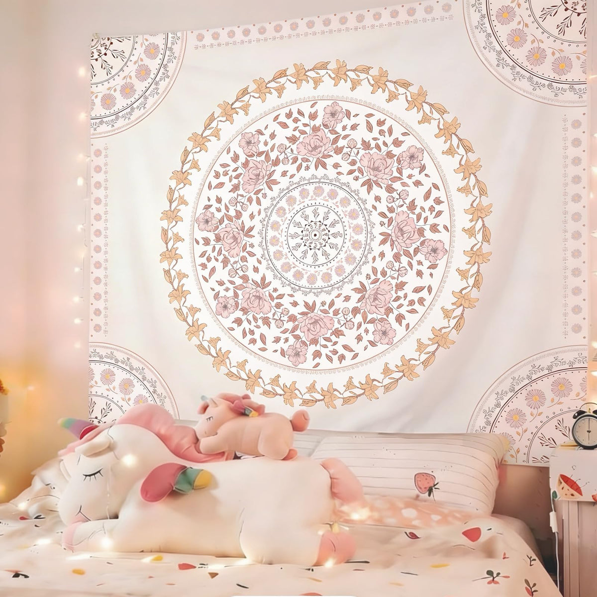 Boho Floral Pink Mandala Tapestry Wall Hanging for Bedroom (Pink Mandala TapestryB / 60"L x 51"W)
