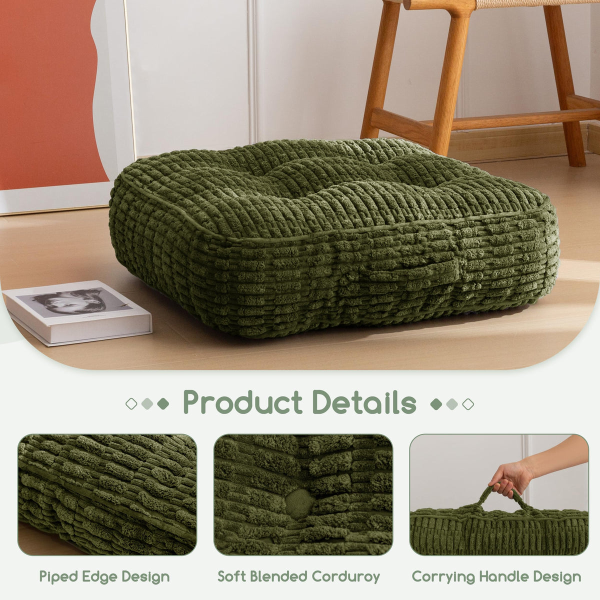 6" Floor Pillow Cushion for Adults (Square Dark Green / 6" Thick(Pack of 1))
