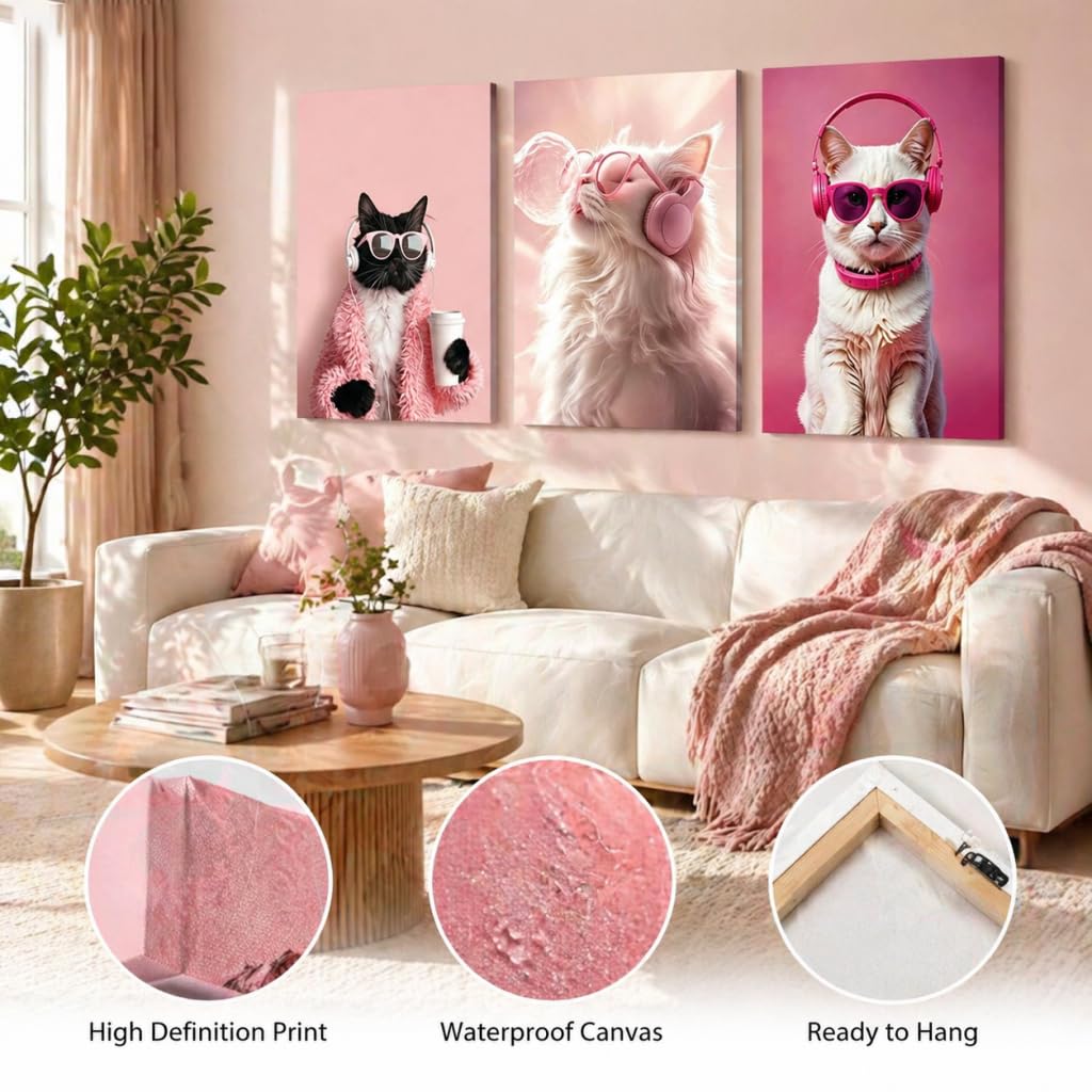 3 Pcs Funny Cat Wrapped Canvas Cat Headphones Wall Art Funny Black Cat Canvas Prints Pictures Cute Animal Poster Prints for Girls Room Dorm Apartment Home Home Decoration 16x24 in Ready to Hang (Wrapped Canvas / 16x24in)
