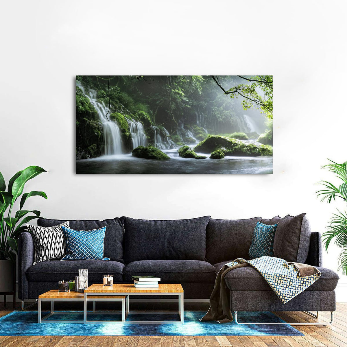 Large Green Waterfall Wall Art Nature Forest Landscape Picture for Living Room Country Mountain Scenery Painting Zen Wall Decor Vintage National Park Lake Poster Bedroom Meditation Decoration 30x60 (57.8"L x 30"W / Forest Waterfall)