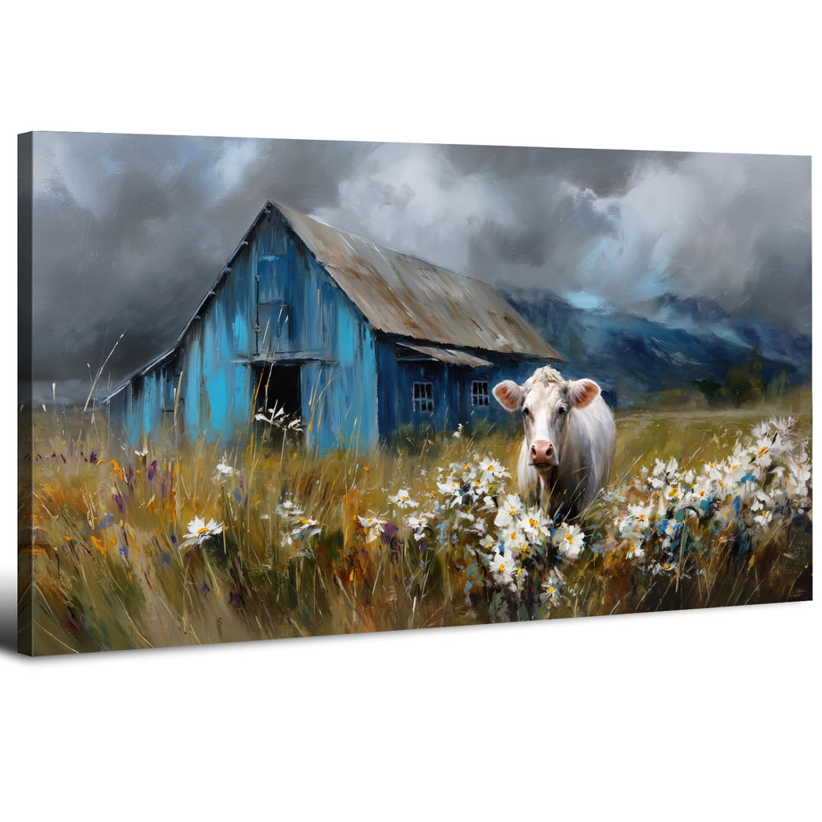 Farmhouse Cow Wall Art Rustic Barn Landscape Pictures Wall Decor Blue Barn Wildflower Field Canvas Prints Country Farm Animal Artwork for Living Room Dining Room Bedroom Home Decoration 24x48 (48"L x 24"W / Farmhouse)