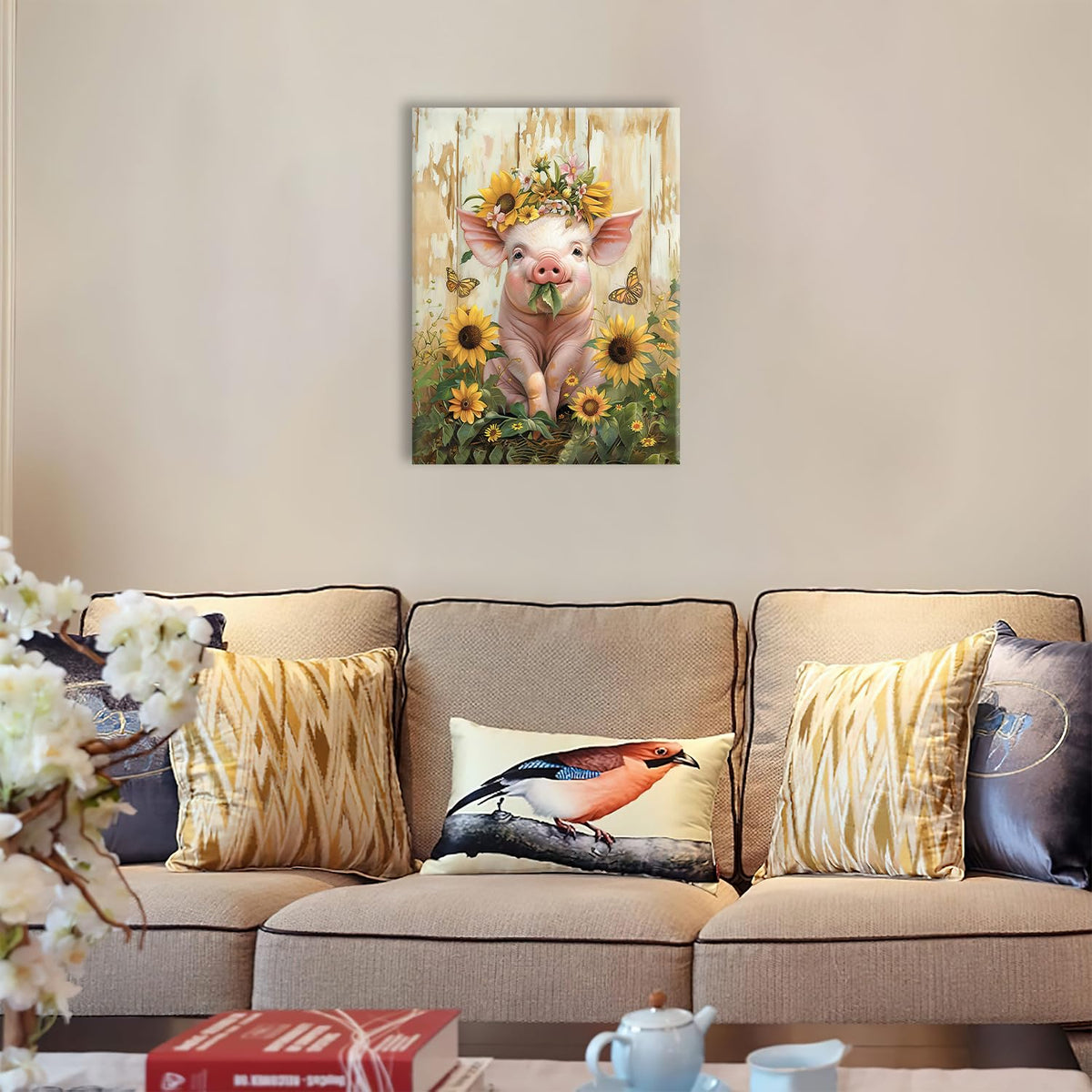 Pig Canvas Wall Art Farmhouse Animal Print Painting Framed ArtWork 16"x24" (Pig Sunflower / 24"L x 16"W)