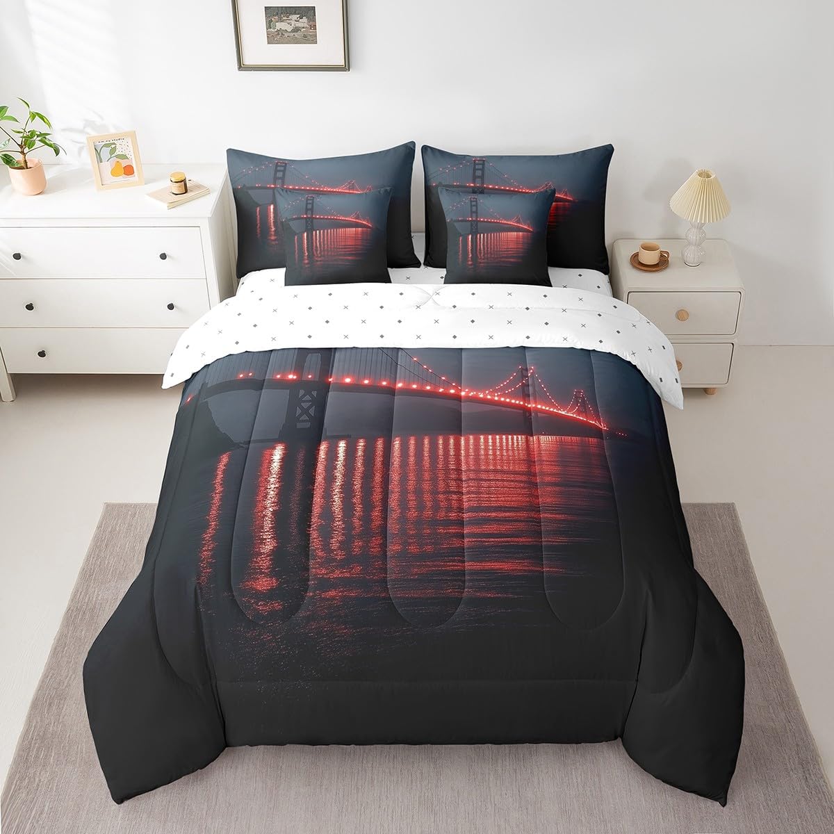 Golden Gate Bridge Comforter Set with Sheets Full Size Kids Nightscape 7 Piece Bedding Set All Season Teens City Scenery Bed in A Bag Breathable Soft Lightweight Black and Red Room Decor (Dull Black and Red / Full)