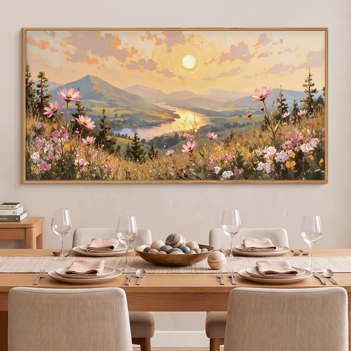 Large Boho Sunset Wildflower Framed Canvas Wall Art (Boho Sunset Wildflower Wall Art / 40"L x 20"W)