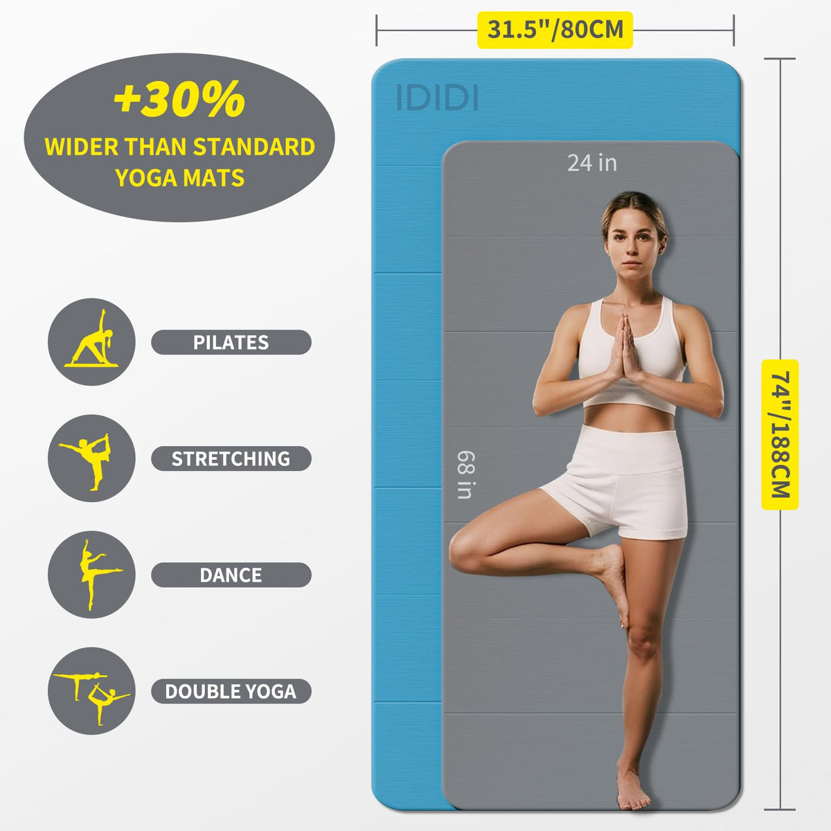 Foldable Yoga Mat Extra Large Wide 74"×31.5" (Blue+Black)