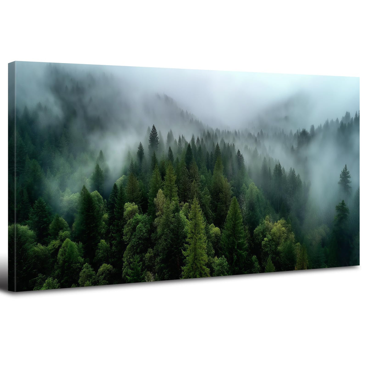 Misty Forest Wall Art Green Nature Landscape Canvas Picture Great Smoky Mountain Wall Decor for Living Room Bedroom Blue Ridge Foggy Scenery Prints Pine Trees Painting Office Home Decorations 24x48" (48"L x 24"W / Green Forest)