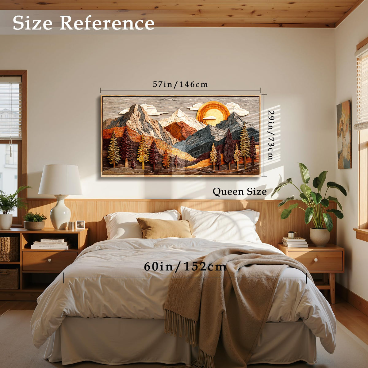 Boho Mountain Framed Wall Art Abstract Landscape Decor Extra Large (Wooden Mountain Print / 57"L x 29"W)