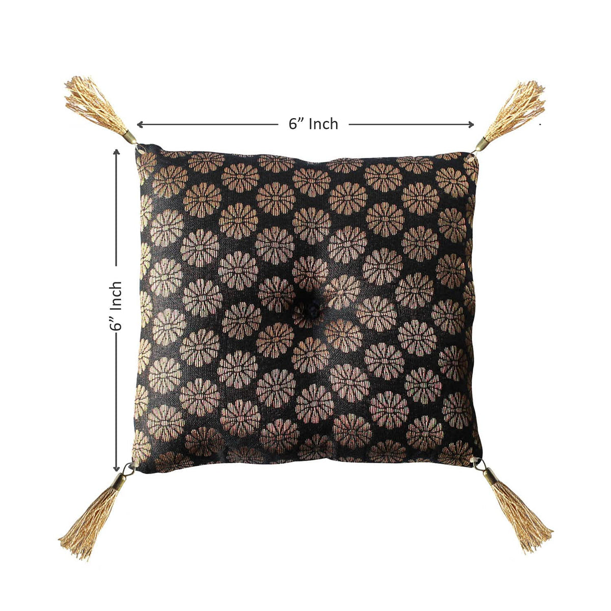 Cushion for Tibetan Singing Bowl Handmade Square Cushions Brocade Art Silk Home Decor Jewelry Display Pillow (6" x 6" Inch / Black)