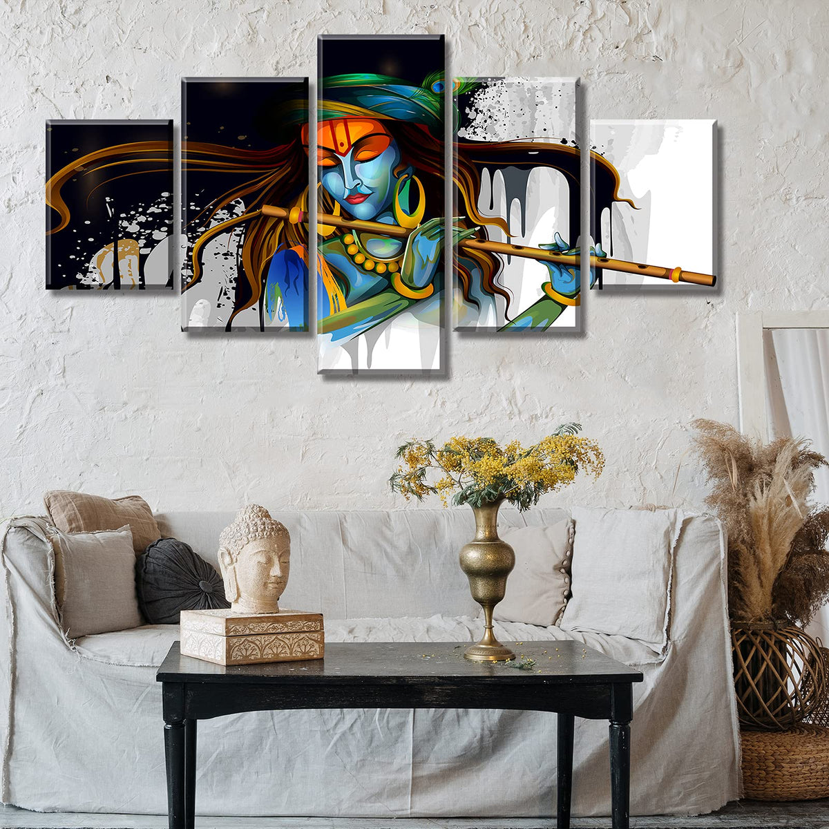 Hindu God Krishna Canvas Wall Art for Living Room 60" Wx32 H (60"W x 32"H / artwork-xbf1)