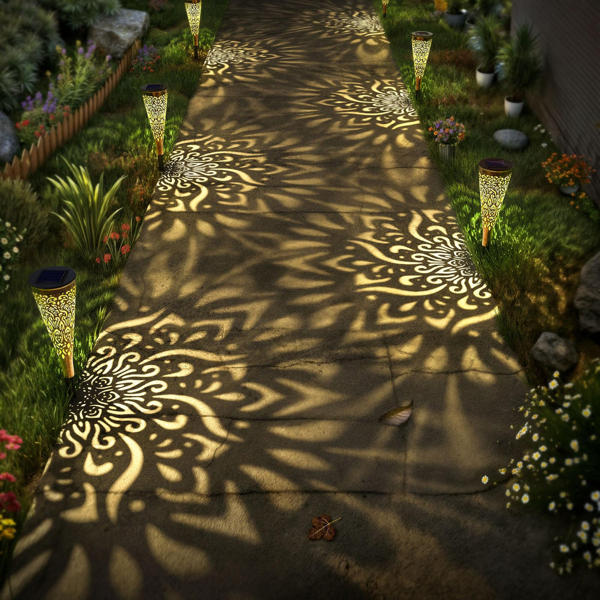 6 Pack Solar Lights Outdoor Garden Decorative Mandala Solar Garden Lights with Warm Light Waterproof Solar Pathway Landscape Lights for Path Backyard Walkway Yard Decor (6Pcs / Gold)