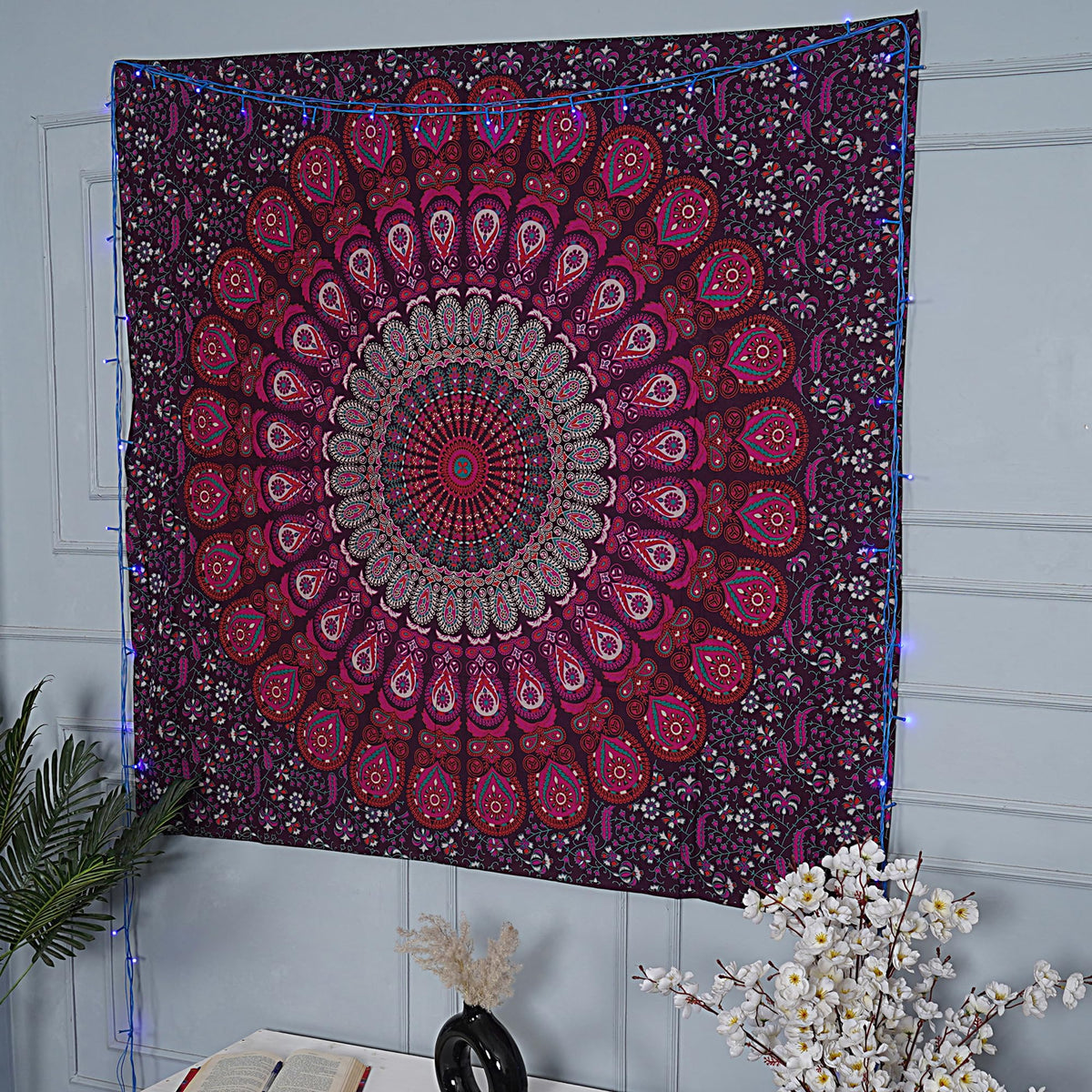 Handmade Cotton Peacock Mandala Tapestry (40"L x 30"W / Purple Pink)