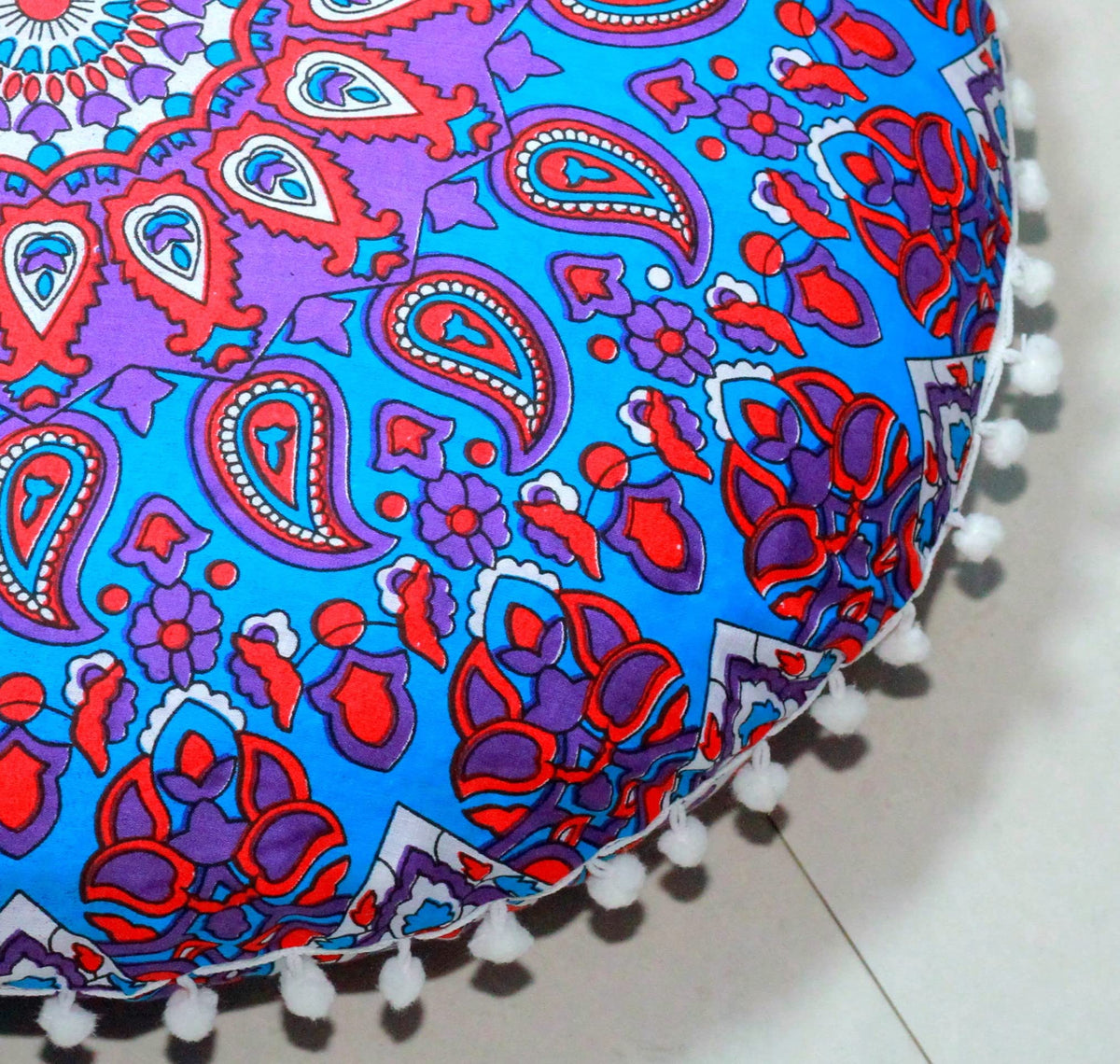 Round Mandala Floor Pillow Cover Seating Cushion Throw Cover Ottoman Pouf Cover Pom Pom Pillow Cases Hippie Decorative Bohemian Boho Indian 22 Inches (Purple Blue)
