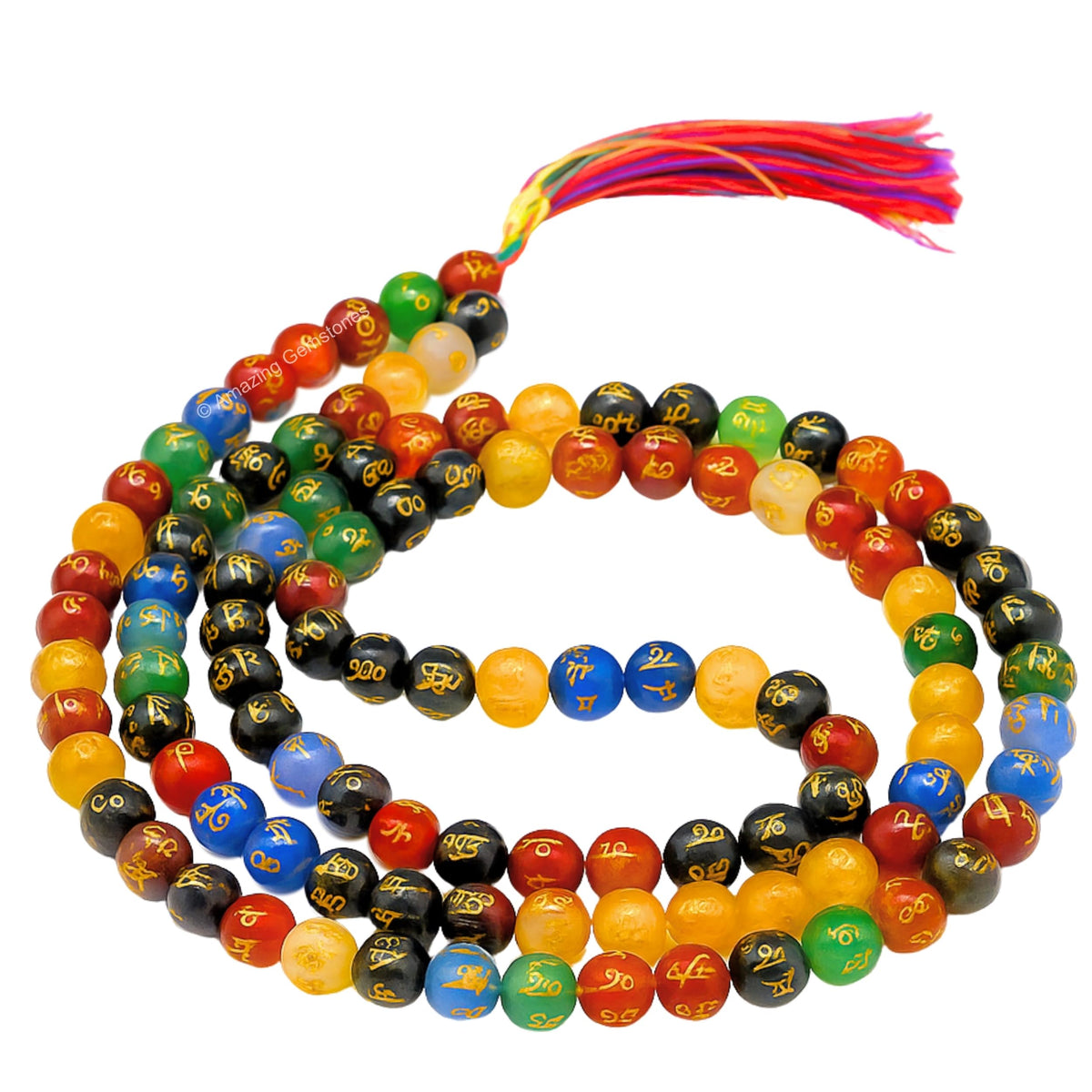 Multi Padme Hum Buddhist Prayer Beads Japa Mala with 108 Meditation Beads (Without Knots / Multi (Padme Hum))